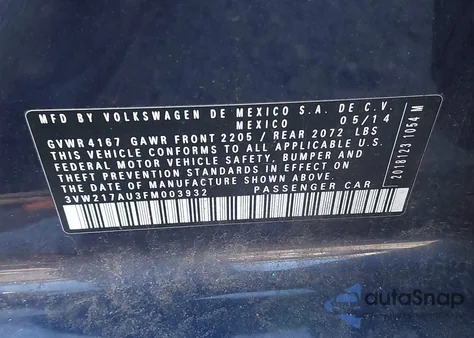 2015 Volkswagen Golf Tsi Sel 4-Door z USA, uszkodzony, nr VIN 3VW217AU3FM003932